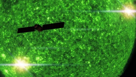 Satellite-passes-sun-planet-energy-field-sci-fi-in-silhouette-4k